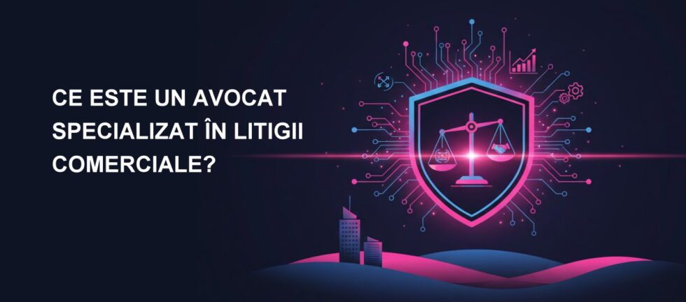 Ilustrație digitală abstractă care reprezintă soluționarea disputelor comerciale. Două forțe sau elemente opuse sunt echilibrate de o balanță a justiției stilizată digital, simbolizând strategia și rezolvarea litigiilor. Culori: fuchsia și albastru marin.