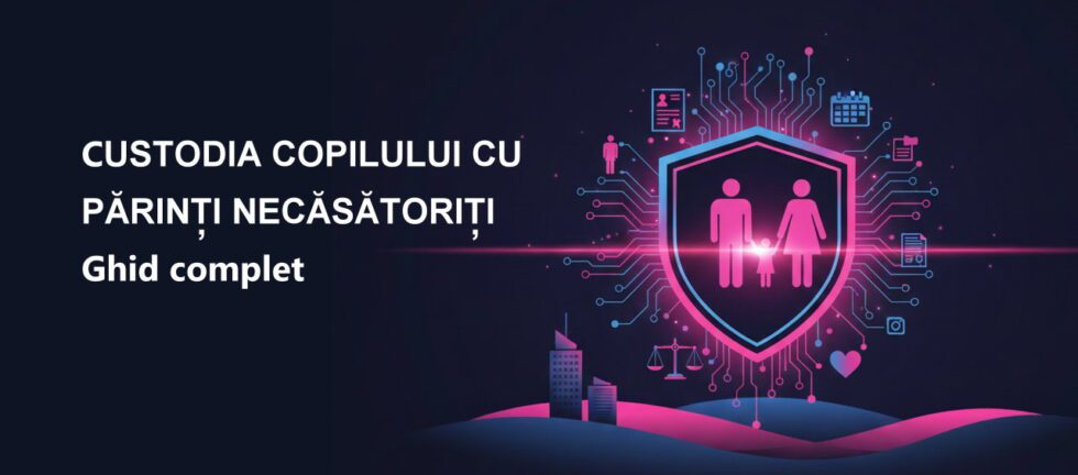 Ilustrație abstractă care simbolizează custodia și protecția copilului. Două siluete stilizate de părinți susțin o figură de copil în centru, încadrate de forme juridice care sugerează un cadru legal stabil. Culori: fuchsia și albastru marin.
