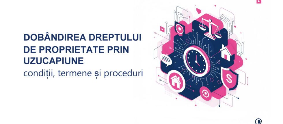 Ilustrație abstractă care simbolizează transformarea posesiei în proprietate legală (uzucapiune), prezentând o mână care ține o casă stabilă pe un teren, cu un ceas sau un indicator de timp subtil. Culori: fuchsia și albastru marin.