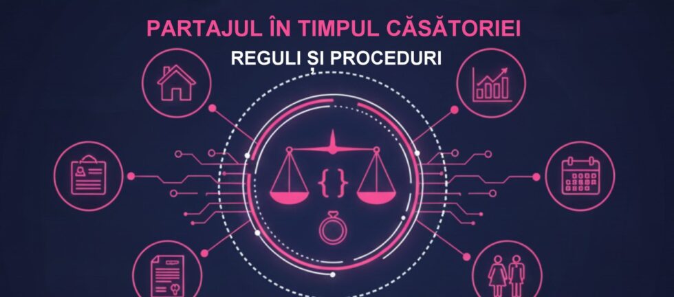 Ilustrație digitală abstractă care reprezintă echilibrul, partajul și soluționarea legală, cu elemente geometrice și balanța justiției, în nuanțe de fuchsia și albastru marin.