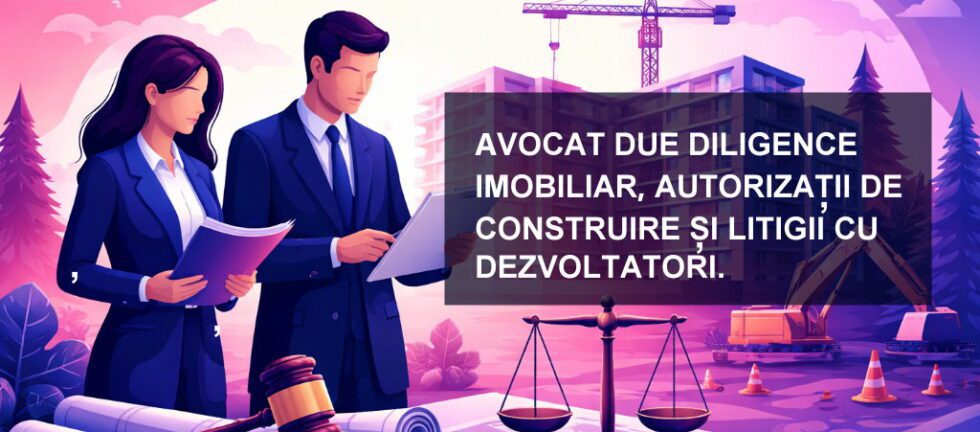 Ilustrație conceptuală pentru drept imobiliar și due diligence. Imaginea prezintă schițe de arhitectură suprapuse pe simboluri juridice (balanța justiției și un ciocan de judecată), sugerând analiza autorizațiilor de construire și protecția împotriva viciilor ascunse. Culori: albastru marin, fuchsia și alb.