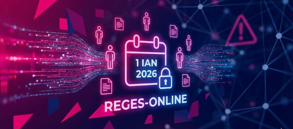 Imagine digitală abstractă care simbolizează sistemul REGES-ONLINE. O pictogramă de calendar cu textul "1 IAN 2026" și "REGES-ONLINE" este încadrată de simboluri stilizate pentru oameni, documente și un lacăt, toate conectate prin fluxuri de date luminoase în nuanțe de albastru și fuchsia, pe un fundal de rețea digitală.