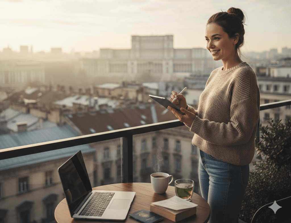 Femeie lucrând de la distanță pe o terasă în București, reprezentând conceptul de viză nomad digital România și relocare fiscală.