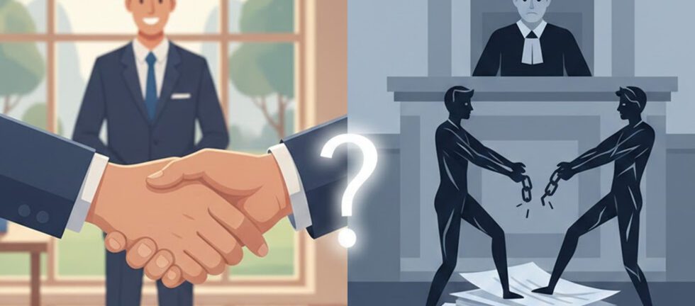 Ilustrație comparativă între divorțul amiabil prin strângere de mână și divorțul în instanță reprezentat de un judecător și documente legale.