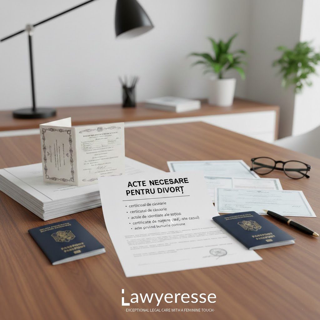 Listă documente și acte necesare divorț București și Ilfov, birou de avocat, incluzând certificate de căsătorie și identitate.