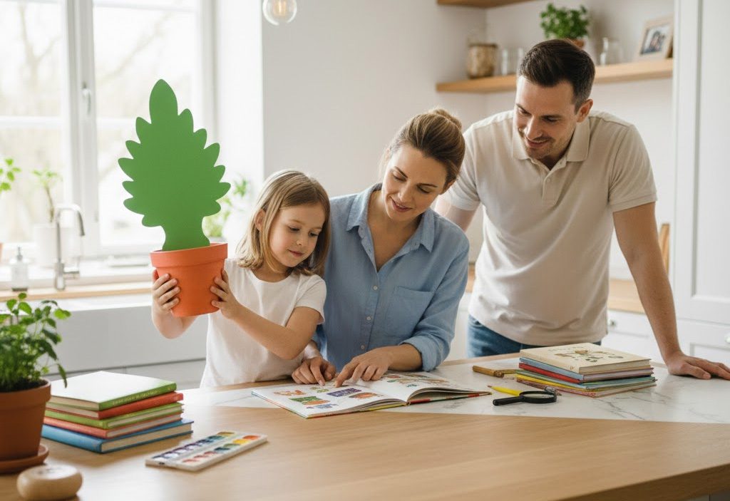 Ambii părinți participă la educația copilului într-o bucătărie luminoasă, simbolizând custodia comună și interesul superior al minorului după divorț.