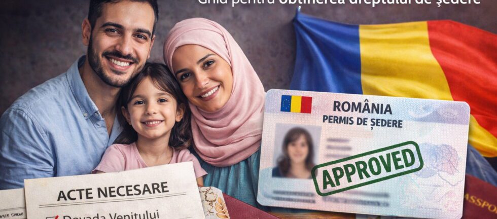 Familie non-UE în România analizând permis de ședere și aviz de muncă aprobat pentru reîntregirea familiei, cu documente oficiale și pașaport românesc.