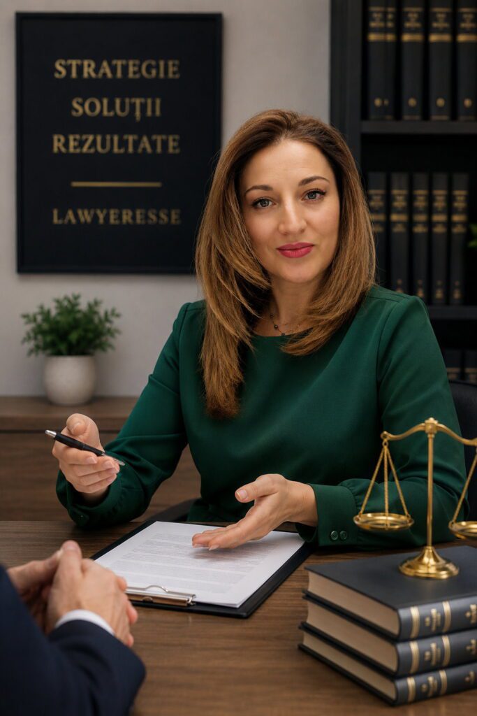 Avocat specializat în litigii comerciale discutând strategii de conciliere și soluționare amiabilă a conflictelor într-un birou juridic modern.
