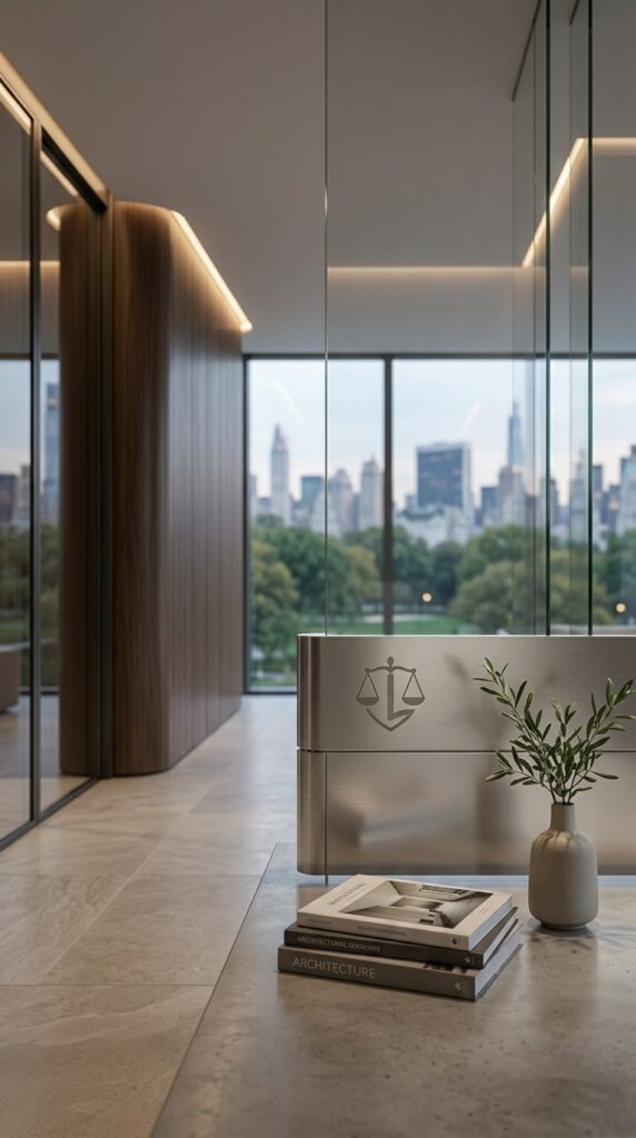 Decor minimalist de birou modern, un mediu calm și transparent pentru analiza contractelor cu un avocat drept bancar.