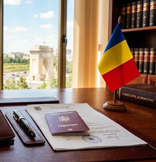 A professional immigration law office desk in Bucharest, featuring a Romanian passport, visa application forms, a small Romanian flag, and a leather folder with the text "ROMANIA - SERVICII DE IMIGRARE • IMMIGRATION SERVICES", with the Palace of the Parliament visible through the window.
