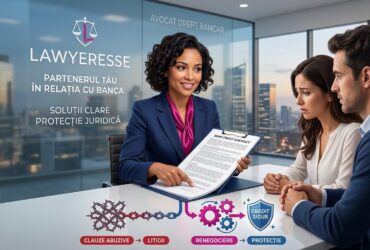 O avocată Lawyeresse oferind consultanță unui cuplu despre un contract, cu o grafică ce arată trecerea de la clauze abuzive la credit sigur.
