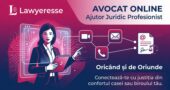 Avocat online Lawyeresse oferind consultanță juridică digitală prin video call, e-mail și telefon. Ilustrație profesională în culorile brandului fuchsia și albastru marin.