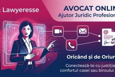 Avocat online Lawyeresse oferind consultanță juridică digitală prin video call, e-mail și telefon. Ilustrație profesională în culorile brandului fuchsia și albastru marin.