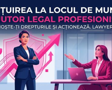 Imagine conceptuala fuchsia si albastru marin reprezentand sustinere legala impotriva hartuirii la locul de munca de catre Lawyersse.